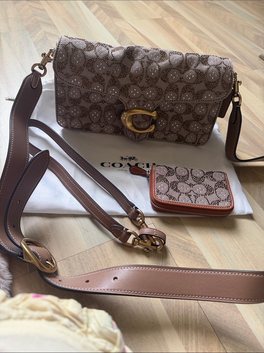 Coach Brown and Blush Signature Canvas Crossbody with Gold C Hardware